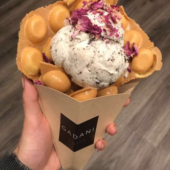Gadani - Classic waffle with cookies n cream ice cream topped with rose petals - Coffee & Tea Near Me - Berkeley, California