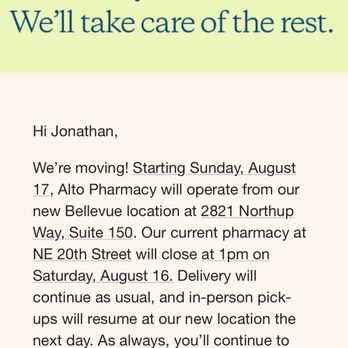 Alto Pharmacy - Moving Notification - Pharmacy Near Me - Bellevue, Washington