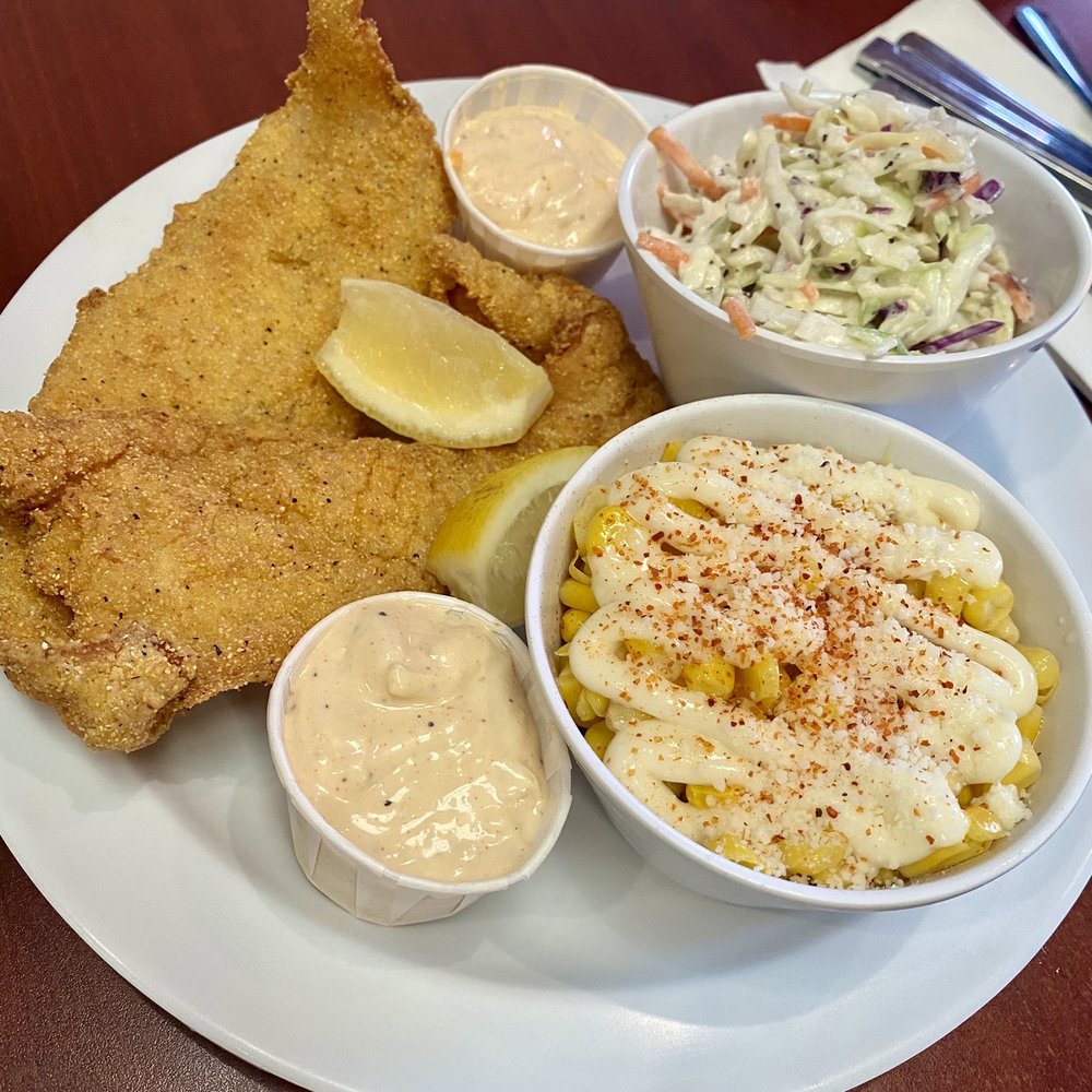 Red House BBQ - Catfish with green coleslaw and elote. - Barbeque Near Me - Tehachapi, California Red House BBQ - Catfish with green coleslaw and elote. - Barbeque Near Me - Tehachapi, California