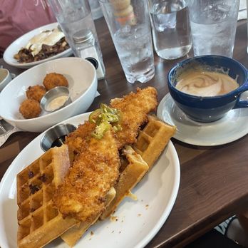 Blockhouse - Jalapeño Chicken and Waffles Pimento Cheese balls Cinnamon Roll latte - Breakfast & Brunch Near Me - Saint Hedwig, Texas