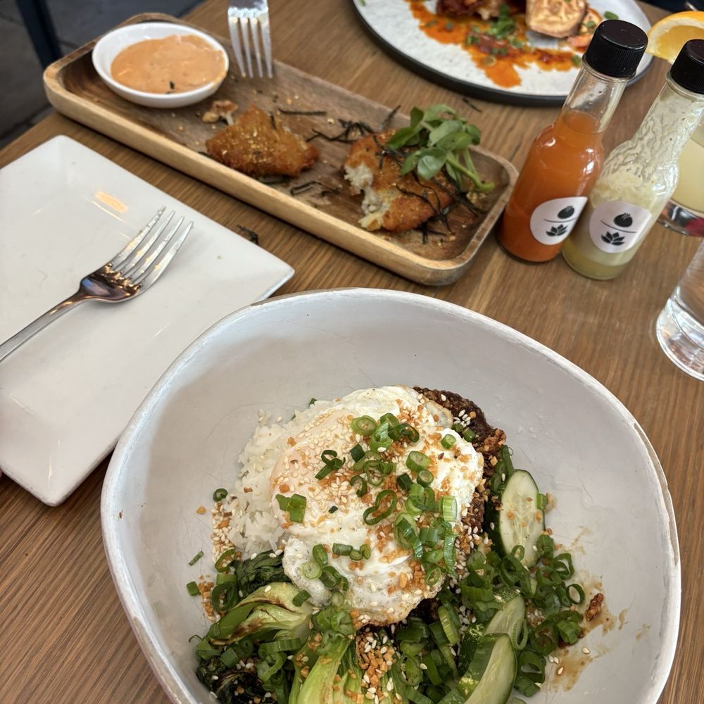 Mongolian Beef Bowl (Christmas Eve brunch menu) hash browns and chicken and waffles