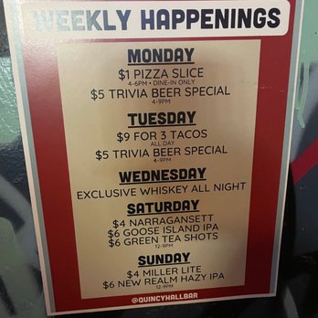 Quincy Hall - Weekly happenings - Pizza Near Me - Arlington, Virginia Quincy Hall - Weekly happenings - Pizza Near Me - Arlington, Virginia