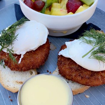 Toast - Crab Benedict with hollandaise on the side. I optioned fruit for the side. - Breakfast & Brunch Near Me - Temecula, California