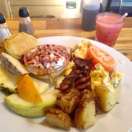 Dirty brunch - eggs, bacon, sausage, pancakes, fruit, yogurt, and a smoothie Dirty brunch - eggs, bacon, sausage, pancakes, fruit, yogurt, and a smoothie