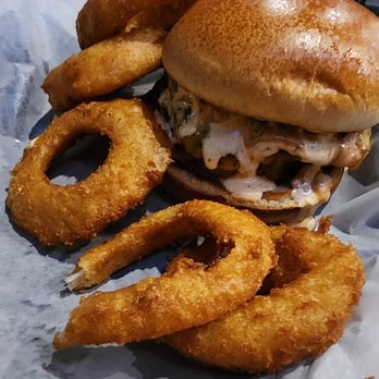 Bar Code Burgers - Smashburger with onion rings, minus the first bite - Burgers Near Me - Las Vegas, Nevada