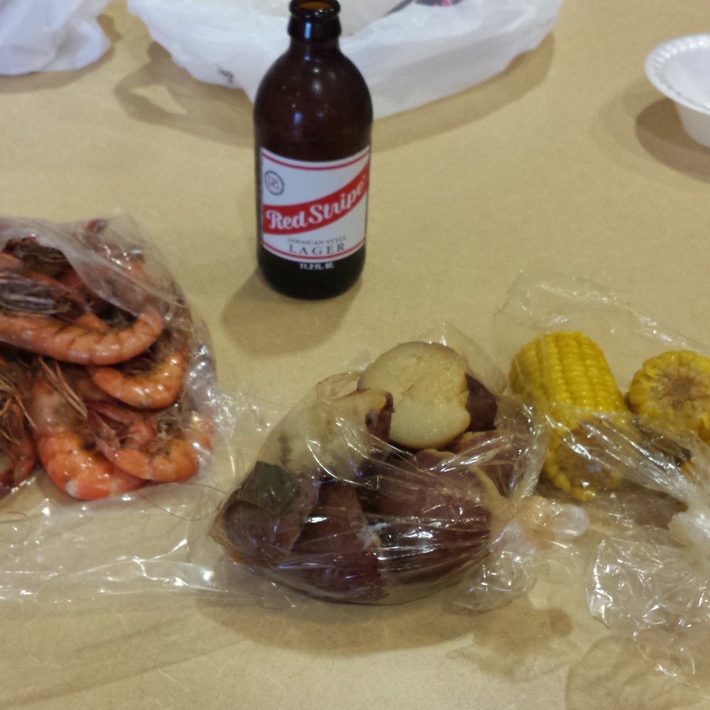 Boiled shrimp, corn and potatoes. Add some Red Stripe and you have a perfect meal!! Boiled shrimp, corn and potatoes. Add some Red Stripe and you have a perfect meal!!