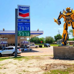 Chevron - 24 feet tall, on a 5 foot pedestal. Nobody is allowed to climb Bumblebee. Please respect other people getting photos, cooperate.