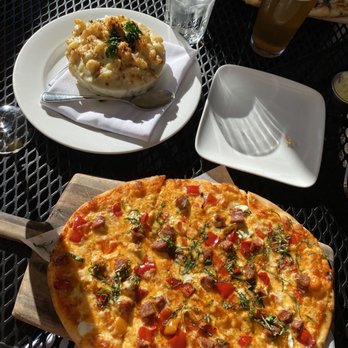 Monti's - House Made Chorizo & Goat Cheese Pizza, Kale Pesto, Smoked Tomato Sauce AMAZING!!!! - Mediterranean Near Me - Santa Rosa, California