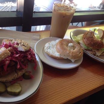 Wise Sons - Everything bagel with fried chicken, salt and pepper bagel with scallion cream cheese, garlic bagel with smoked turkey. - Breakfast & Brunch Near Me - Oakland, California Wise Sons - Everything bagel with fried chicken, salt and pepper bagel with scallion cream cheese, garlic bagel with smoked turkey. - Breakfast & Brunch Near Me - Oakland, California