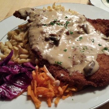 Bavarian Brauhaus - Red cabbage & carrot julienne nestled down next to some spaetzle noodle & Jaeger schnitzel. - German Near Me - Bryan, Texas Bavarian Brauhaus - Red cabbage & carrot julienne nestled down next to some spaetzle noodle & Jaeger schnitzel. - German Near Me - Bryan, Texas