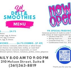 YK Deli and Smoothies - Temporary menu