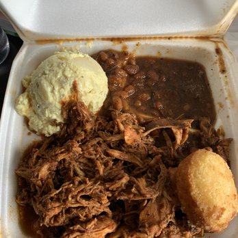 Dave's BBQ - Pulled chicken platter with potato salad and beans.  (cornbread on the side). - Barbeque Near Me - Virginia Beach, Virginia