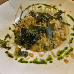Butternut Squash Barley Risotto (roasted squash, caramelized onions, chestnuts, toasted pumpkin seeds, nutritional yeast, kale chips)