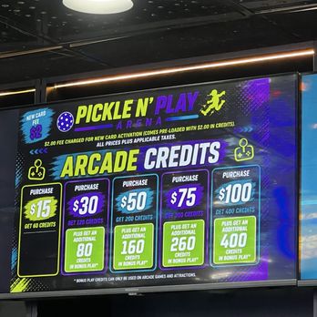 Pickle N Play - Arcade pricing, each game was 6 credits per play. $30 will get you around 33 games so less than $1 per play - Arcades Near Me - Simi Valley, California Pickle N Play - Arcade pricing, each game was 6 credits per play. $30 will get you around 33 games so less than $1 per play - Arcades Near Me - Simi Valley, California