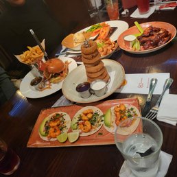Tacos, Onion Rings, Bacon Hamburger, barbecue Wings, Salmon Bangkok Shrimp