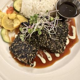 Furukake salmon, teriyaki sauce with a drizzle of wasabi, and veggies. So good!!! Furukake salmon, teriyaki sauce with a drizzle of wasabi, and veggies. So good!!!