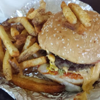 Five Guys - Cheeseburger "All The Way" plus relish, and overflow cajun fries - Burgers Near Me - Morgan Hill, California Five Guys - Cheeseburger "All The Way" plus relish, and overflow cajun fries - Burgers Near Me - Morgan Hill, California