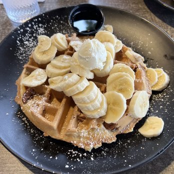 Mario’s Early Toast - Banana pecan "Belgian" waffle (tastes like regular waffle) - Breakfast & Brunch Near Me - Roseville, California Mario’s Early Toast - Banana pecan "Belgian" waffle (tastes like regular waffle) - Breakfast & Brunch Near Me - Roseville, California
