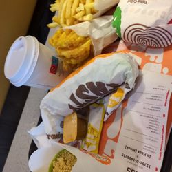 Burger King - Baklava ice cream, long chicken sandwich Waffle fries, regular fries and a whopper.