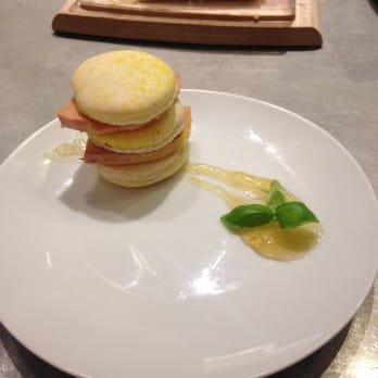 L'Avant Comptoir - foie gras macaron dessert!  lemon macaron with mint and foie gras. - Tapas Bars Near Me - Paris, 75