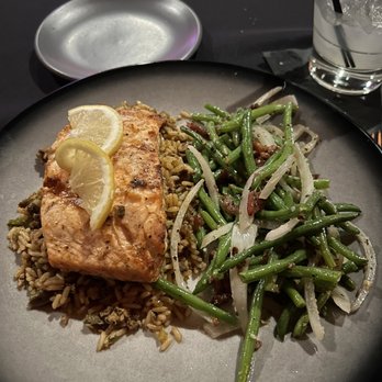 Hearsay Arlington - Salmon on dirty rice. Salmon was perfect rice was kind of dry. Green beans had way tok many onions - Lounges Near Me - Arlington, Texas