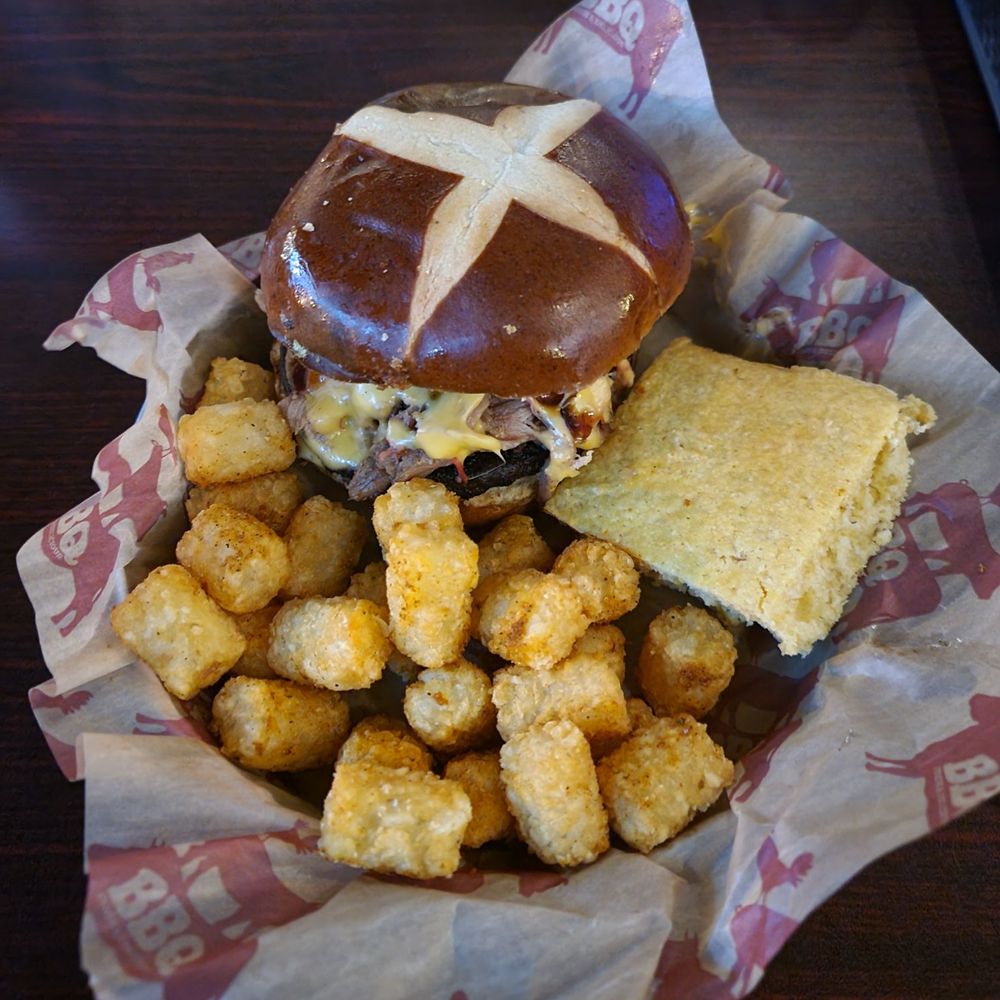 Tsg Bbq - Rodeo Burger, tater tots, corn bread. - Barbeque Near Me - Elma, New York Tsg Bbq - Rodeo Burger, tater tots, corn bread. - Barbeque Near Me - Elma, New York