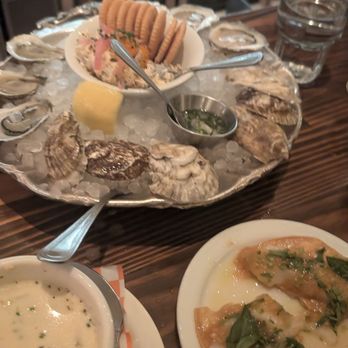Found Oyster - Oysters with smoked trout dip in the middle , clam chowder on the left and scallop tostada on the right. All delicious! - Seafood Near Me - Los Angeles, California