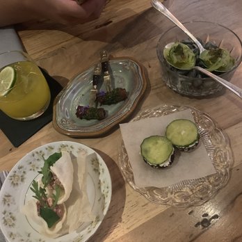 Barley Swine - First 4 courses served together: shrimp dumpling, radish bagel, smoked kohlrabi, spicy beef - New American Near Me - Austin, Texas Barley Swine - First 4 courses served together: shrimp dumpling, radish bagel, smoked kohlrabi, spicy beef - New American Near Me - Austin, Texas