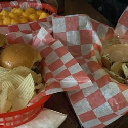 Lyman's Tavern - Cheeseball basket; Lyman's sliders; deep fried pickle chips.