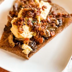 The Galloping Galette - TGG - BYO w, scrambled eggs, mushrooms, roasted potatoes and diced bacon