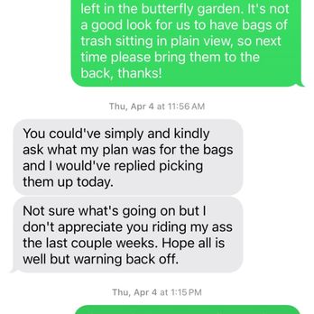 Nick House Gardening - Nick's response to asking him to keep things on campus more tidy after he leaves. - Gardeners Near Me - Los Angeles, California Nick House Gardening - Nick's response to asking him to keep things on campus more tidy after he leaves. - Gardeners Near Me - Los Angeles, California