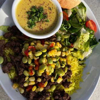 Dish N Dash - Milpitas - Beef shawarma with salad and soup, rice as base. - Middle Eastern Near Me - Milpitas, California