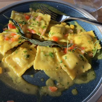 Sky Bistro - Not sure how to describe this. Firm Corn ravioli in a turmeric curry sauce? Peculiar. - Canadian (New) Near Me - Banff, Alberta Sky Bistro - Not sure how to describe this. Firm Corn ravioli in a turmeric curry sauce? Peculiar. - Canadian (New) Near Me - Banff, Alberta