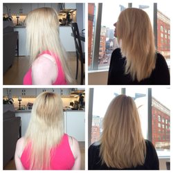 Hazel’s Hair Studio - Before, on left. After 1 year in Hazel's hands on right.