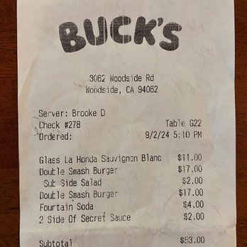 Buck's - Up charges!  Never mentioned by server. - American Near Me - Woodside, California