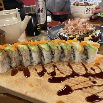 Sushi Daruma - Everything we got, Caterpillar Roll, okonomiyaki, chicken donburi, tea, beer, miso, and a side salad - Sushi Bars Near Me - Salinas, California Sushi Daruma - Everything we got, Caterpillar Roll, okonomiyaki, chicken donburi, tea, beer, miso, and a side salad - Sushi Bars Near Me - Salinas, California