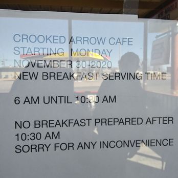 The Crooked Arrow Cafe - Breakfast sign on the front door 6am-10:30am - American Near Me - Seiling, Oklahoma The Crooked Arrow Cafe - Breakfast sign on the front door 6am-10:30am - American Near Me - Seiling, Oklahoma