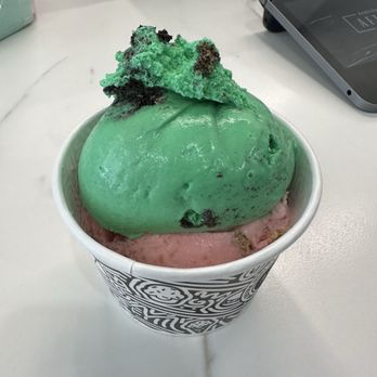 Afters Ice Cream - Double Scoop Strawberry Cookie Crunch and Mint Monster - Ice Cream & Frozen Yogurt Near Me - Orange, California Afters Ice Cream - Double Scoop Strawberry Cookie Crunch and Mint Monster - Ice Cream & Frozen Yogurt Near Me - Orange, California