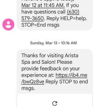 Arista Spa & Salon - "appointment time" confirmation - Hair Salons Near Me - Naperville, Illinois