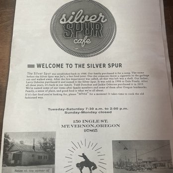 Silver Spur - Front of menu - Breakfast & Brunch Near Me - Mount Vernon, Oregon