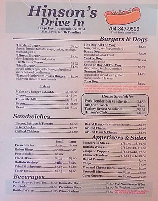 Menu photo 3 Hinsons Drive-In Matthews, NC