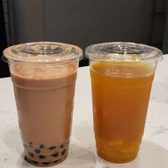 Boba World - Black Milk Tea with boba, Two To Mango both with no ice (left to right) - Bubble Tea Near Me - Montclair, California Boba World - Black Milk Tea with boba, Two To Mango both with no ice (left to right) - Bubble Tea Near Me - Montclair, California