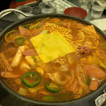 Joo Pocha - Spicy Sausage Stew (Army Stew) - Korean Near Me - Los Angeles, California Joo Pocha - Spicy Sausage Stew (Army Stew) - Korean Near Me - Los Angeles, California