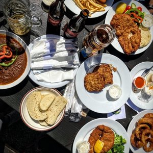 Photo of Bohemian Hall & Beer Garden - Astoria, NY, United States. Beef Goulash Pork Schnitzel Chicken Schnitzel Onion Rings Fried Muenster Cheese