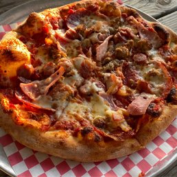 Neighborhood Pie - tomato, mozzarella, salami, pepperoni, ham, Conecuh sausage, bacon, Italian sausage