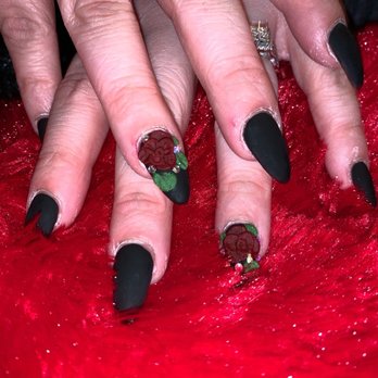 Sky Nails - Matte black nails with 3D flower - Nail Salons Near Me - Holland, Michigan Sky Nails - Matte black nails with 3D flower - Nail Salons Near Me - Holland, Michigan