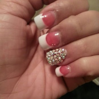 Glaze Nails - Dark pink & white with gel top coat and blinged out ring fingers.... Thanks Lynn! - Nail Salons Near Me - Lewisville, Texas