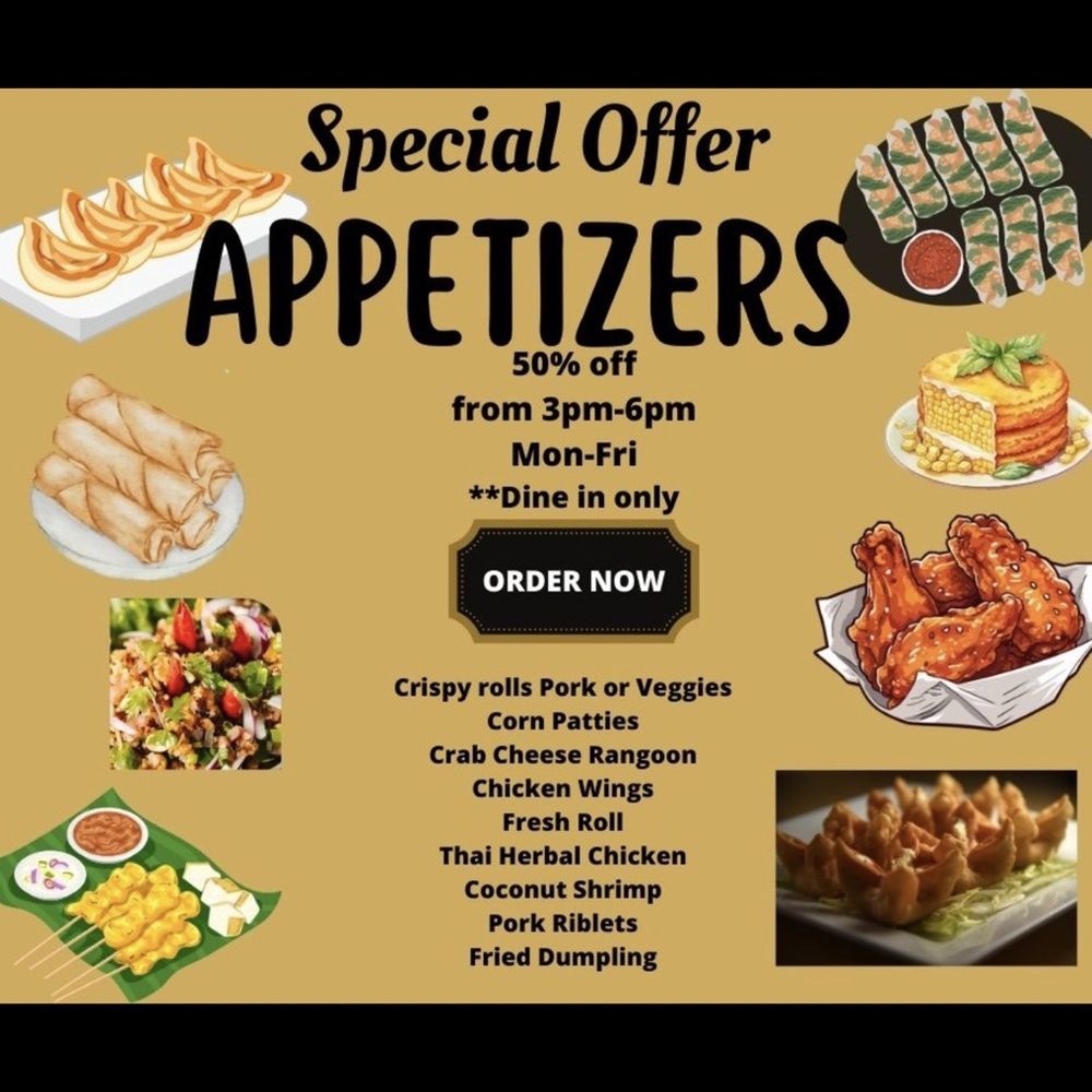50% off for appetizers from Monday to Friday 3pm to 6pm dine in only 50% off for appetizers from Monday to Friday 3pm to 6pm dine in only