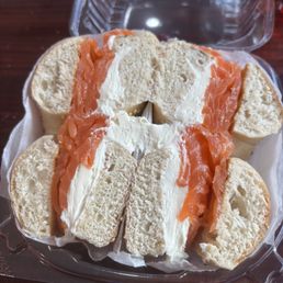Tasteless bagel with tasteless lox and cream cheese. See how skimpy the lox layer is? Tasteless bagel with tasteless lox and cream cheese. See how skimpy the lox layer is?