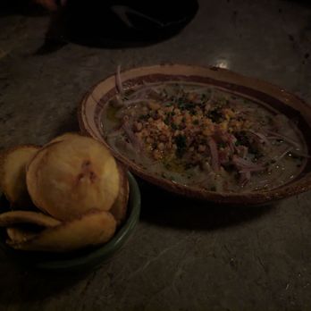 Si! Mon - Kanpachi cerviches with plantain chips - Latin American Near Me - Los Angeles, California Si! Mon - Kanpachi cerviches with plantain chips - Latin American Near Me - Los Angeles, California